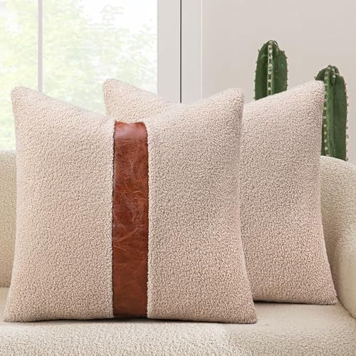 Teddy Boucle Throw Pillow Covers 18x18 - Faux Leather Accent (2PCS)
