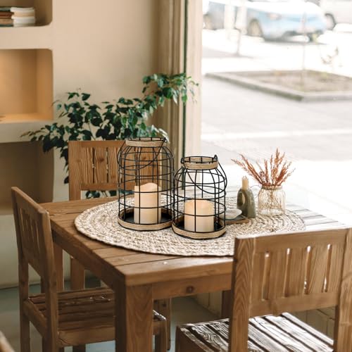Black Rustic Farmhouse Lantern Set of 2 with LED Candles - Indoor Outdoor Decor