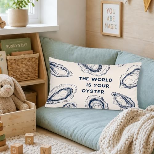 The World Is Your Oyster Coastal Lumbar Pillow Cover - Blue 12x20 Inch