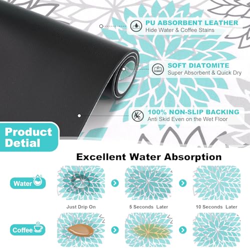 Findosom Dish Drying Mat and Sink Splash Guard Set - 12" x 20", Teal Floral