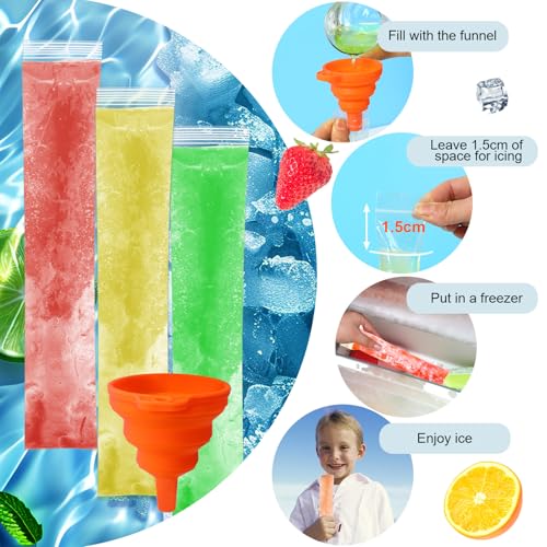 100 Disposable Ice Lolly Bags with Funnel - Popsicle Pouches