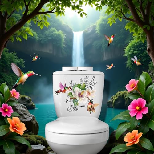 Bathroom Floral Wall Stickers with Hummingbirds & Butterflies - Waterproof & Removable Toilet Seat Decals