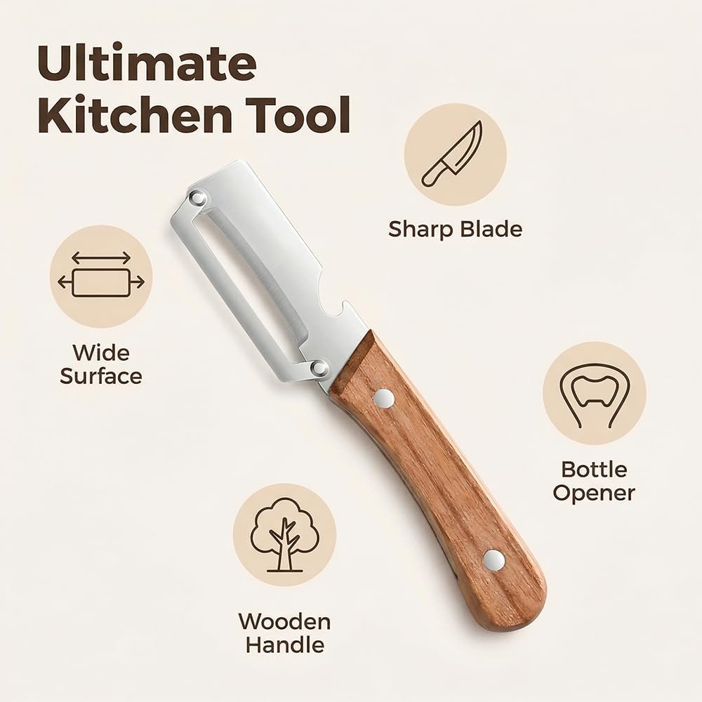 Skiennix Multi-Functional Vegetable Peeler - 2-in-1 Stainless Steel with Wooden Handle & Bottle Opener | Ideal for Potatoes, Pumpkins, Zucchini (2 Pcs)