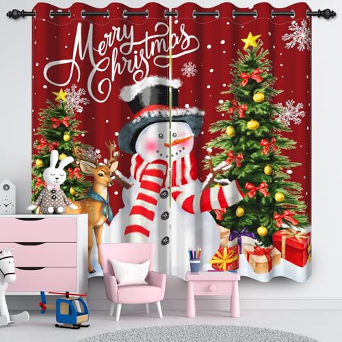 Christmas Snowman Blackout Curtains for Living Room 52x84 Inches - Red White, Pack of 2