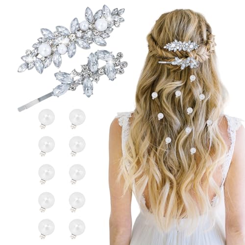 WHAVEL Rhinestone Hair Clips 12-Piece Pearl & Silver Barrettes for Women