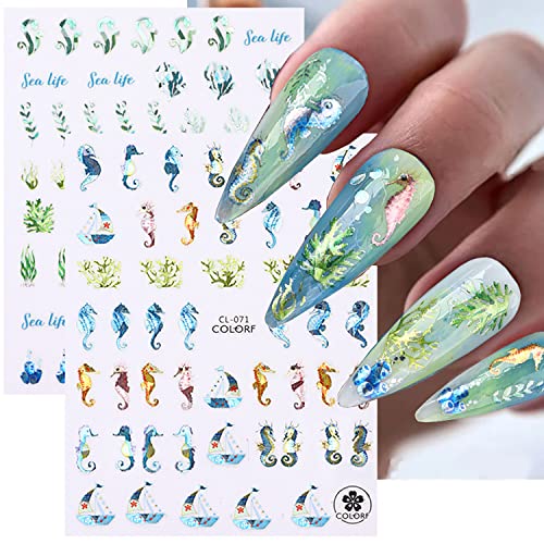 3D Sea Animals Nail Art Stickers - Holographic Ocean Shell & Fish Decals (8 Sheets)