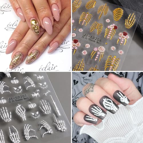 5D Halloween Skeleton Nail Art Stickers - Gothic Rose & Skull Decal Set