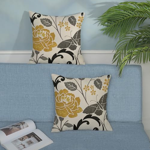 Mustard Yellow Vintage Floral Throw Pillow Covers 22x22" - 2 Pcs