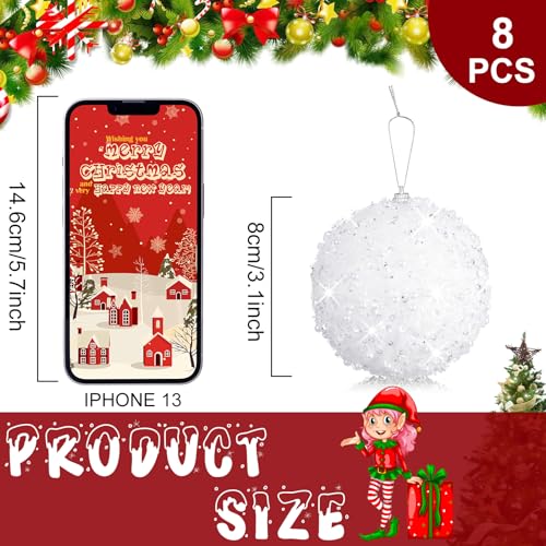 White Christmas Ball Ornaments 3.15 Inch Glitter Sequin Set of 8