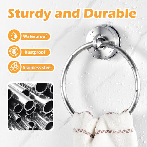 YOHOM Silver Suction Cup Towel Ring - No Drill Bathroom Hand Towel Holder