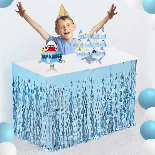 Blue Wavy Tinsel Fringe Table Skirts - 2 Pack, 108 x 29.5 Inches