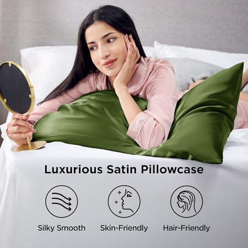 Bedsure Satin Pillowcases Queen Set of 2 - Moss Green Silk-Like Bedding