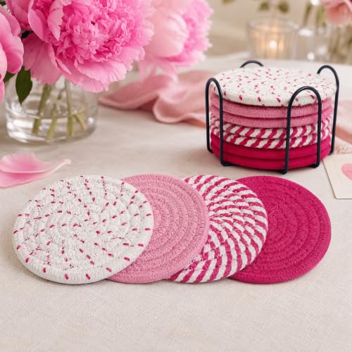 8 Pack Handmade Pink Coasters - Absorbent Cotton Drink Coasters for Desk & Coffee Table