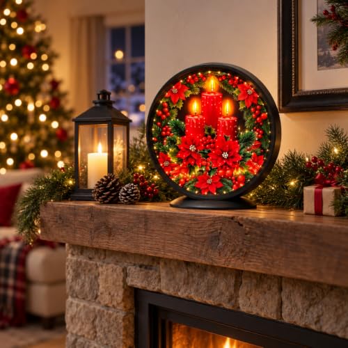 Christmas Candles - No Music Lighted Holiday Centerpiece with Poinsettia & Candle Design - Wall & Tabletop Decor