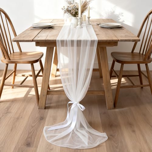 White Chiffon Table Runner 30x120 Inch - 2PCS Sheer Tulle Wedding Decor - Variation: White