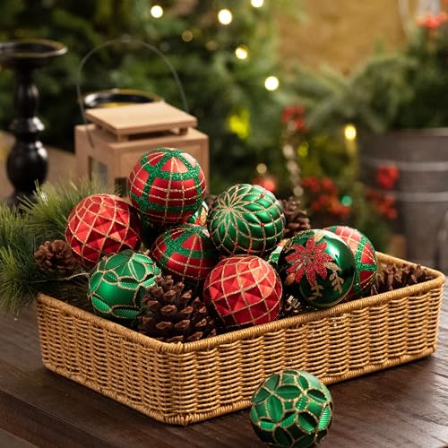Christmas Tree Ornaments Set - Red Green Gold Large 3.2 Inch - 16pcs Holiday Decor
