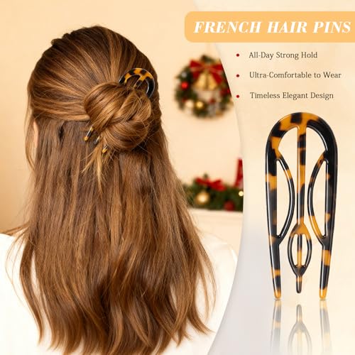 Glaudmeiss 4PCS French Hair Pins - Tortoise Shell U Shaped Hair Styling Pins for Updos and Buns