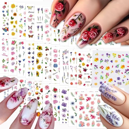 30 Sheets Flower Nail Stickers 3D Self-Adhesive Decals Manicure DIY