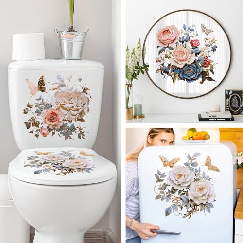 DRWSSR Gold Peony Butterfly Toilet Seat Lid Stickers - Removable Bathroom Decals (Set of 3)