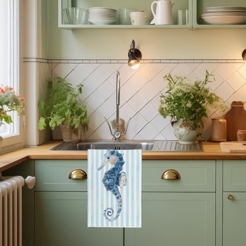 Sea Horse Kitchen Towels - Blue Striped Seahorse Design, 16x24 Inch