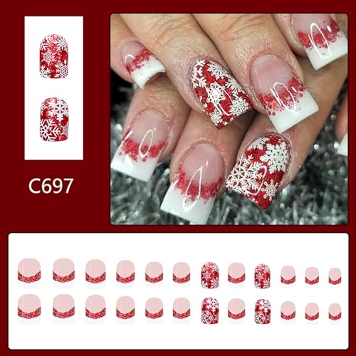 Christmas Press On Nails Short Square Glossy Acrylic False Nails
