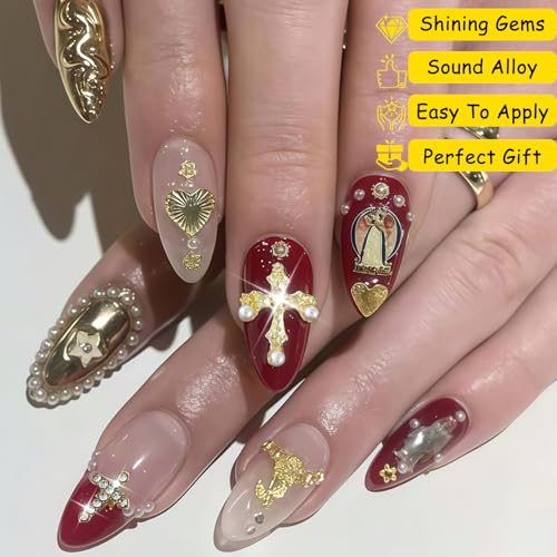 ZUMILLMN 90pcs 3D Cross Nail Charms with Crystal Rhinestones and Pearls