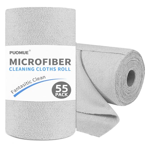 Grey 55-Pack Microfiber Cleaning Cloth Roll - 9x11 Inch Reusable & Lint-Free for Car, Kitchen & Home Cleaning