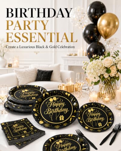 Happy Birthday Party Supplies Set - 96 Pcs Plates & Napkins for 24 Guests