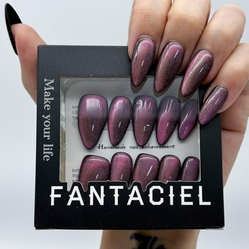FANTACIEL Handmade Press On Nails Cat Eye Almond Reusable Acrylic Nails