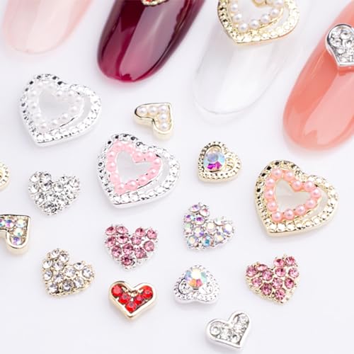 3D Heart Nail Charms Rhinestones Silver Alloy Crystal Gems 12Pcs