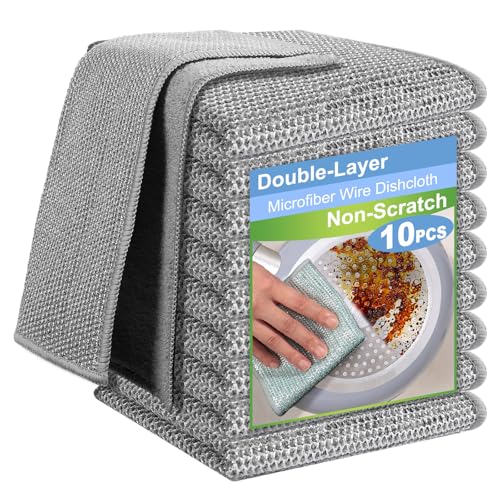 TIVERAIN 10-Pack Dual-Layer Microfiber Wire Dishcloths - 9x9 Inch, Grey