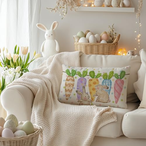 Easter Bunny Pillow Cover 12x20 Inch with Carrots & Polka Dots