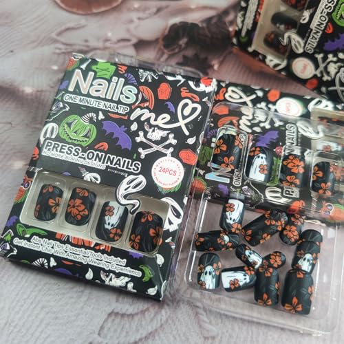 Ghost Press on Nails Matte Orange Flower Acrylic Short Square False Nails