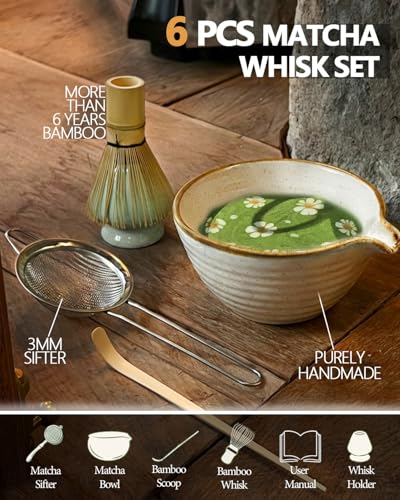 Vaiheng Premium Matcha Whisk Set with Ceramic Bowl, Bamboo Whisk and Scoop