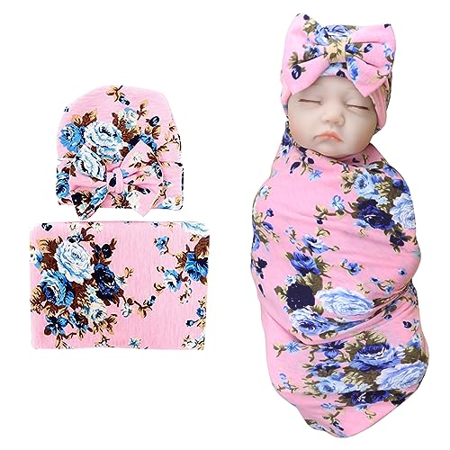 DRESHOW Newborn Floral Swaddle Blanket and Bow Hat Set - Classic Pink