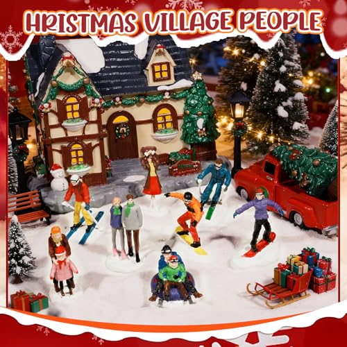 Miniature Christmas Village People Figurines Set - 8 pcs, Skating & Skiing, Variation B
