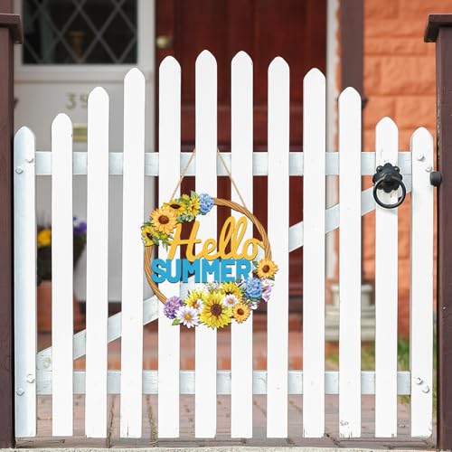 Hello Summer Sunflower Wooden Hanging Sign for Front Door Decor