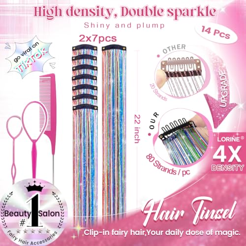 LORIEN Clip-In Hair Tinsel 14 Pcs 22 Inch Colorful Glitter Hair Extensions