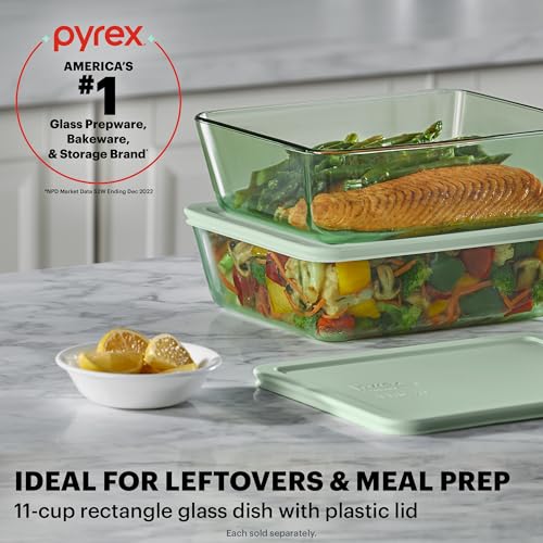 Pyrex Colors Tinted (11 Cup) Large Rectangular Food Storage Container, Snug Fit Non-Toxic Plastic BPA-Free Lids, Freezer Dishwasher Microwave Safe