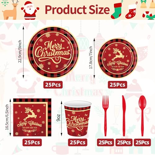 Christmas Party Supplies Set for 25 Guests - Red & Black Holiday Tableware, Plates, Cups, Napkins & Utensils