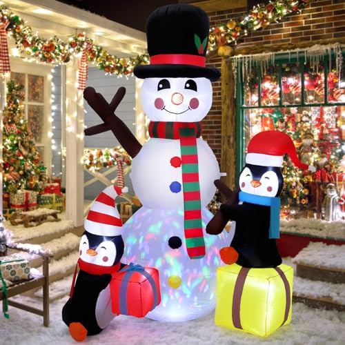 7ft Inflatable Christmas Yard Decor Snowman Penguin with Rotating LED Lights - Smiling Snowman Variant