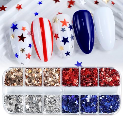 Independence Day Star Nail Glitter Kit - 12-Grid Holographic Pentagram Sequins