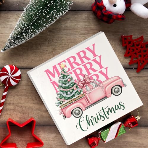 Pink Christmas Truck Wooden Box Sign Preppy Holiday Home Decor 5x5 Inch