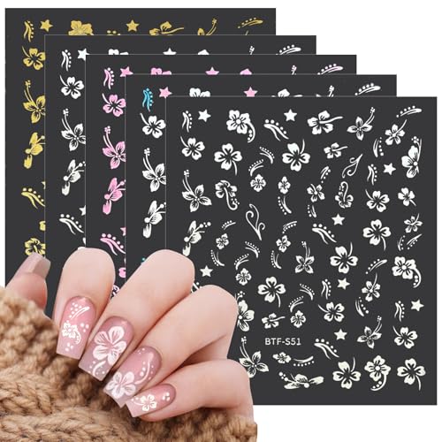 MUIIGOOD Flower Nail Stickers 10 Sheets Hibiscus Nail Decals White Pink Gold