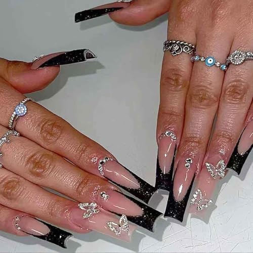 IKISKT Long Square Press On Nails Rhinestone Pink Nude False Nails