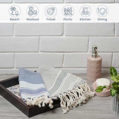 Turkish Cotton Kitchen Towels - 40x18" Set of 2, Blue & Gray Decorative Set