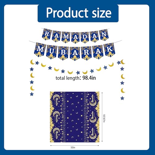 Ramadan Mubarak Decorations Set - Blue and Gold Banner, Garland & Tablecloth