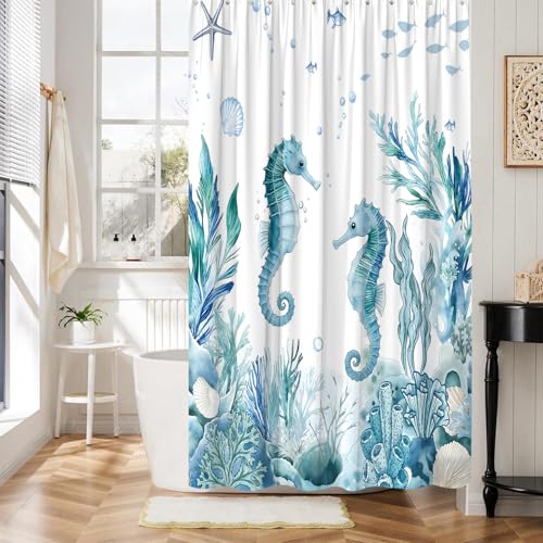 Coastal Seahorse Shower Curtain 70x70 Inch with Hooks