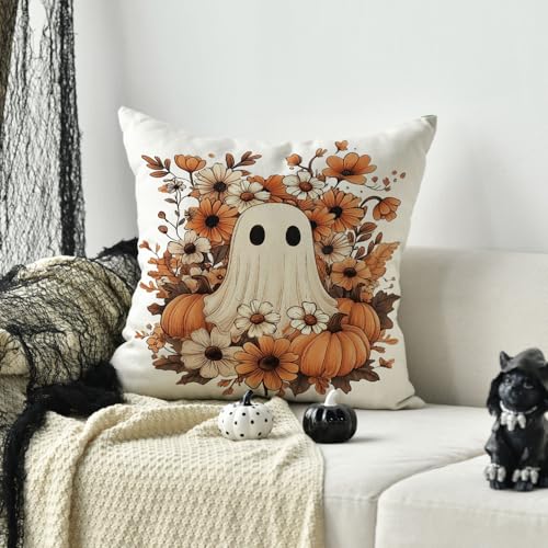 Halloween Ghost Pumpkin Throw Pillow Cover - 18x18 Inch Polyester Cushion