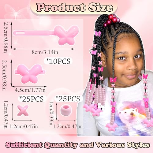 NAISKA 60Pcs Pink Hair Beads and Butterfly Clips for Kids Braids
